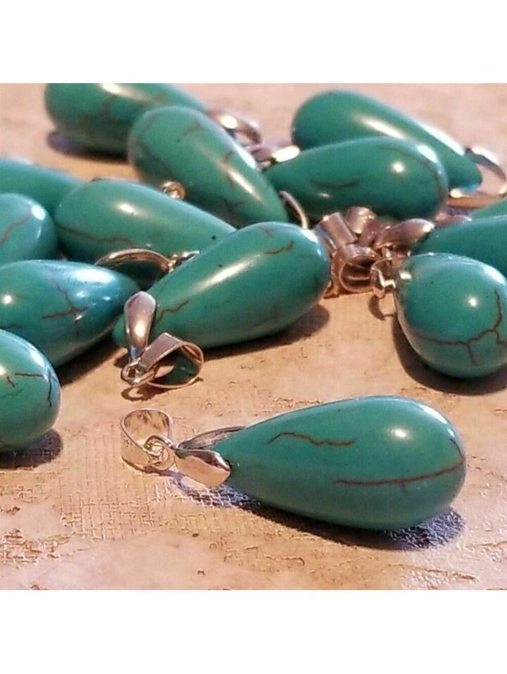 Turquoise Magnesite Teardrop Gemstone Pendant 37x12mm 18K WG Plated Bail 1 pc